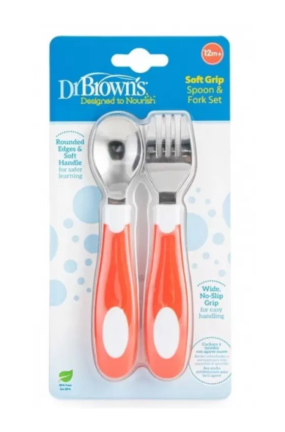 Dr. Brown's Soft Grip Spoon & Fork - Coral